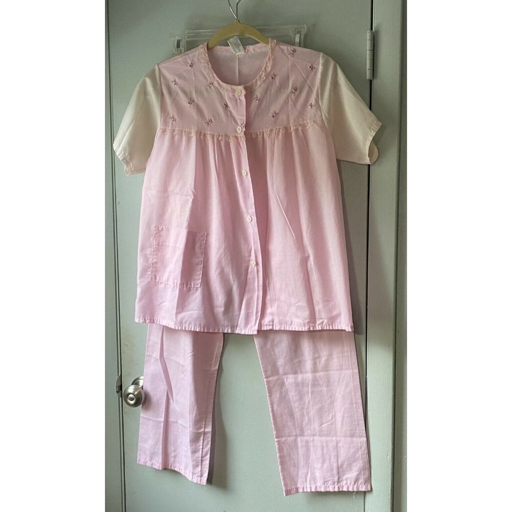 Vintage Katz Pink Cotton Blend Pajamas PJ's Ruffle 2 Piece